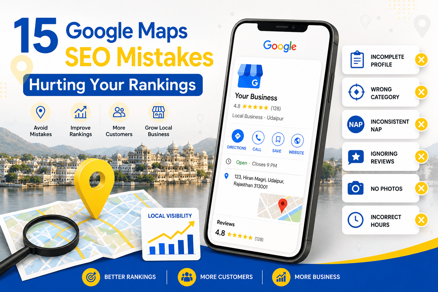 Making these Google Maps SEO mistakes? Learn 15 local visibility errors Udaipur businesses make on Google Business Profile and how to fix them.